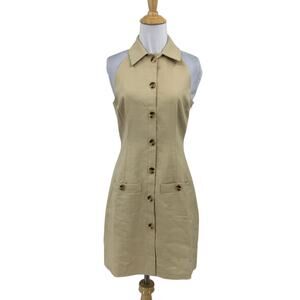 Veronica Beard Dress Womens 2 Khaki Linen Blend Roxanne Button Up Halter Collar